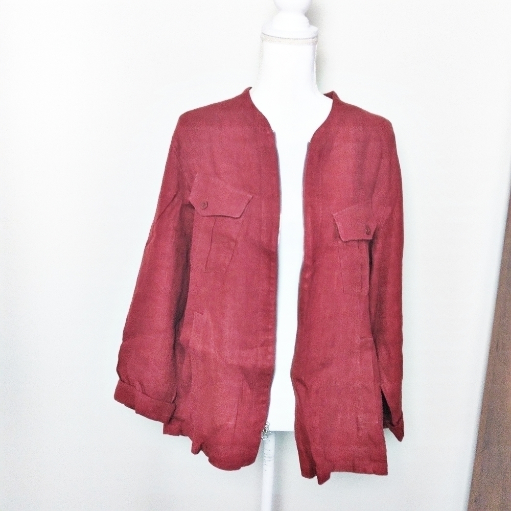 Harve Benard Rust Burnt Orange Red 100% Linen Zip Up Shacket Shirt Jacket